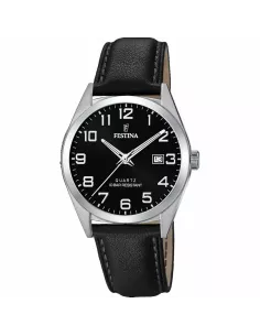 Montre Festina-CLASSIQUE Dateur Boîtier Acier Argenté Bracelet Cuir Noir Cadran Noir Homme