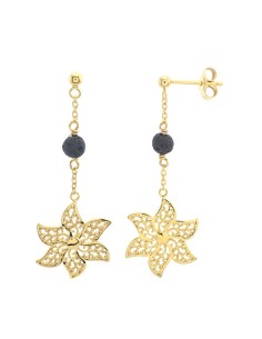 Boucles D'oreilles Argent Teinte Fleur Ylang Ylang Pierre De Lave Pendantes